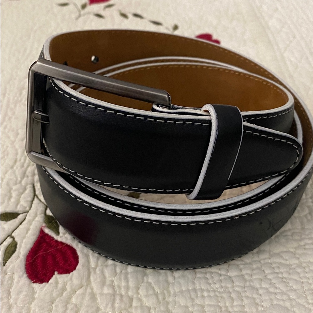 Remo Tulliani Black Italian Calfskin Leather Belt with White Trim Stitching 44